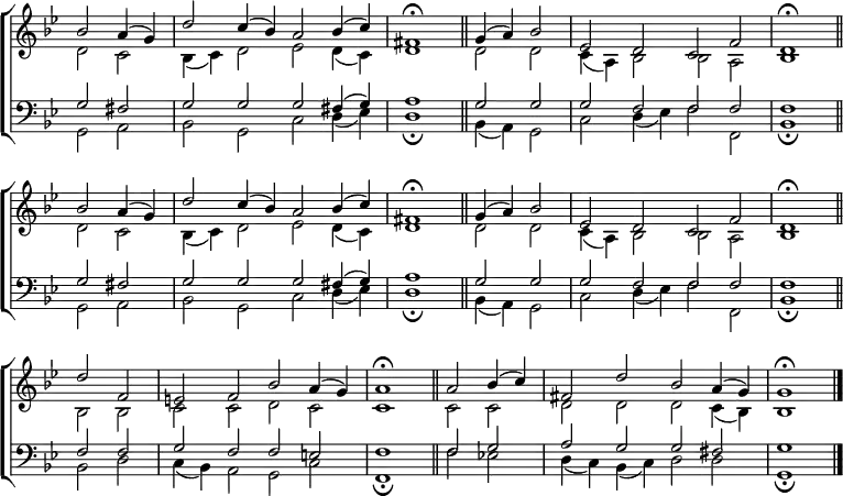 
\new ChoirStaff <<
  \new Staff { \clef treble \time 4/2 \key g \minor \partial 1 \set Staff.midiInstrument = "church organ" \omit Staff.TimeSignature \set Score.tempoHideNote = ##t \override Score.BarNumber  #'transparent = ##t
  \relative c''
  << { bes2 a4( g) | d'2 c4( bes) a2 bes4( c) | fis,1 \fermata \bar"||"
       g4( a) bes2 | es, d c f | d1 \fermata \bar"||" \break
       bes'2 a4( g) | d'2  c4( bes) a2 bes4( c) | fis,1 \fermata \bar"||"
       g4( a) bes2 | es, d c f | d1 \fermata \bar"||" \break
       d'2 f, | e f bes a4( g) | a1 \fermata \bar"||"
       a2 bes4( c) | fis,2 d' bes a4( g) g1 \fermata \bar"|." } \\
  { d2 c | bes4( c) d2 es d4( c) | d1
    d2 d | c4( a) bes2 bes a | bes1
    d2 c | bes4( c) d2 es d4( c) | d1
    d2 d | c4( a) bes2 bes a | bes1
    bes2 bes | c c d c | c1
    c2 c | d d d c4( bes) | bes1 } >>
  } 
\new Staff { \clef bass \key g \minor \set Staff.midiInstrument = "church organ" \omit Staff.TimeSignature \override Staff.NoteHead.style = #'altdefault
  \relative c'
  << { g2 fis | g g g fis4( g) | a1
       g2 g | g f f f | f1 
       g2 fis | g g g fis4( g) | a1
       g2 g | g f f f | f1 
       f2 f | g f f e | f1
       f2 g | a g g fis | g1 } \\
  { g,2 a | bes g c d4( es) | d1 \fermata
    bes4( a) g2 | c d4( es) f2 f, | bes1 \fermata
    g2 a | bes g c d4( es) | d1 \fermata
    bes4( a) g2 | c d4( es) f2 f, | bes1 \fermata
    bes2 d | c4( bes) a2 g c | f,1 \fermata
    f'2 es! d4( c ) bes( c) d2 d | g,1 \fermata } >>
  } 
>>
\layout { indent = #0 }
\midi { \tempo 2 = 50 }

