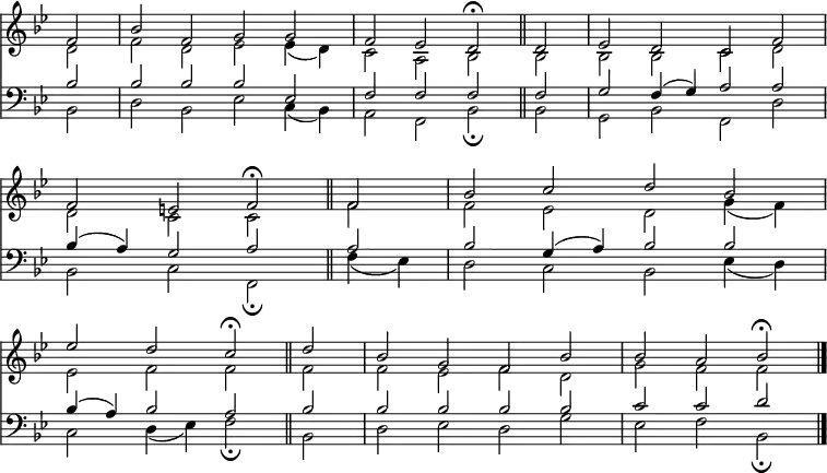 
<< <<
\new Staff { \clef treble \time 4/2 \partial 2 \key bes \major \set Staff.midiInstrument = "church organ" \omit Staff.TimeSignature \set Score.tempoHideNote = ##t \override Score.BarNumber  #'transparent = ##t
  \relative c'
  << { f2 | bes f g g | f es d\fermata \bar"||" d | es d c f | \break
  f e f\fermata \bar"||" f | bes c d bes | \break
  es d c\fermata \bar"||" d | bes g f bes | bes a bes\fermata \bar"|." } \\
  { d,2 | f d es es4( d) | c2 a bes bes | bes bes c d |
  d c c f | f es d g4( f) |
  es2 f f f | f es f d | g f f } >>
}
%%\new Lyrics \lyricsmode { put lyrics here if you insist }
\new Staff { \clef bass \key bes \major \set Staff.midiInstrument = "church organ" \omit Staff.TimeSignature
  \relative c'
  << { bes2 | bes bes bes es, | f f f f | g f4( g) a2 a |
  bes4( a) g2 a a | bes g4( a) bes2 bes | 
  bes4( a) bes2 a bes | bes bes bes bes | c c d } \\
  { bes,2 | d bes es c4( bes) | a2 f bes\fermata bes | g bes f d' |
  bes c f,\fermata f'4( es) | d2 c bes es4( d) | 
  c2 d4( es) f2\fermata bes, | d es d g | es f bes,\fermata } >>
}
>> >>
\layout { indent = #0 }
\midi { \tempo 2 = 90 }
