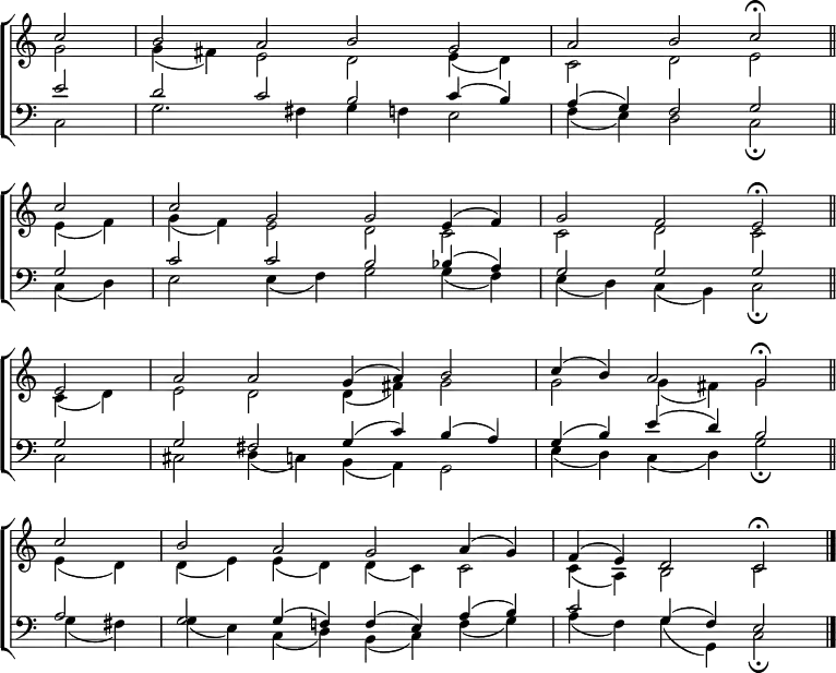 
\new ChoirStaff <<
  \new Staff { \clef treble \time 4/2 \key c \major \partial 2 \set Staff.midiInstrument = "church organ" \omit Staff.TimeSignature \set Score.tempoHideNote = ##t \override Score.BarNumber  #'transparent = ##t 
  \relative c''
  << { c2 | b a b g | a b c \fermata \bar"||" \break
       c | c g g e4( f) | g2 f e \fermata \bar"||" \break
       e | a a g4( a) b2 | c4( b) a2 g \fermata \bar"||" \break
       c | b a g a4( g) | f( e) d2 c \fermata \bar"|." } \\
  { g'2 | g4( fis) e2 d e4( d) | c2 d e
    e4( f) | g( f) e2 d c | c d c
    c4( d) | e2 d d4( fis) g2 | g g4( fis) g2
    e4( d) | d( e) e( d) d( c) c2 | 4( a) b2 c } >>
  }
\new Staff { \clef bass \key c \major \set Staff.midiInstrument = "church organ" \omit Staff.TimeSignature 
  \relative c'
  << { e2 | d c b c4( b) | a( g) f2 g
       g | c c b bes4( a) | g2 g g 
       g | g fis g4( c) b( a) | g( b) e( d) b2
       a | g g4( f!) f( e) a( b) | c2 g4( f) e2 } \\
  { c2 | g'2. fis4 g f e2 | f4( e) d2 c \fermata
    c4( d) | e2 4( f) g2 4( f) | e( d) c( b) c2 \fermata
    c | cis d4( c) b( a) g2 | e'4( d) c( d) g2 \fermata
    g4( fis) | g( e) c( d) b( c) f( g) | a( f) g( g,) c2 \fermata } >>
  } 
>>
\layout { indent = #0 }
\midi { \tempo 2 = 46 }
