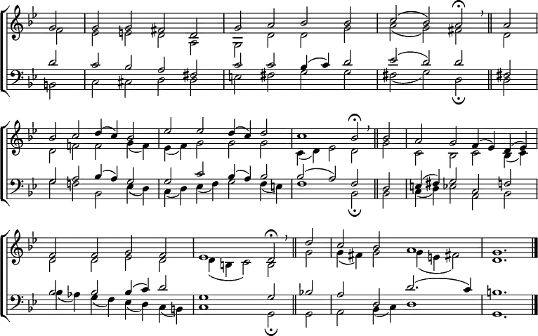 
\new ChoirStaff <<
  \new Staff { \clef treble \time 4/2 \key g \minor \partial 2 \set Staff.midiInstrument = "church organ" \omit Staff.TimeSignature \set Score.tempoHideNote = ##t \override Score.BarNumber  #'transparent = ##t 
  \relative c''
  << { g2 | g g fis d | g a bes bes | c( bes) a \fermata \breathe \bar"||" a \break
       bes c d4( c) bes2 | es es d4( c) d2 | c1 bes2 \fermata \breathe \bar"||" bes | a g f4( es) d( es) \break
       f2 f g f | es1 d2 \fermata \breathe \bar"||" d'2 | c2 bes a1 | g1. \bar"|." } \\
  { f2 | es e d a | g d' d g | a( g) fis d |
    d f! f g4( f) | es( f) g2 g g | c,4( d) es2 d g | c, bes c bes4( c) |
    d2 d es d | d4( b c2) b g' | g4( fis) g2 g4(e fis!2) | d1. } >>
  } 
\new Staff { \clef bass \key g \minor \set Staff.midiInstrument = "church organ" \omit Staff.TimeSignature
  \relative c'
  << { d2 | c bes a fis | c' c bes4( c) d2 | es( d) d fis,! |
       g a bes4( a) g2 | g c bes4( a) bes2 | bes( a) f d | e4( fis) g2 c, f |
       bes bes bes4(  c) d2 | g,1 g2 bes! | a d, d'2.( c4) | b1. } \\
  { b,2 | c cis d d | e fis g g | fis( g) d \fermata d |
    g f! bes, es4( d) | c( d) es ( f) g2 f4( e) | f1 bes,2 \fermata bes | c4( d) es2 a, bes |
    bes'4( aes) g( f) es( d) c( b) | c1 g2 \fermata g | a bes4( c) d1 | g,1. } >>
  } 
>>
\layout { indent = #0 }
\midi { \tempo 2 = 46 }
