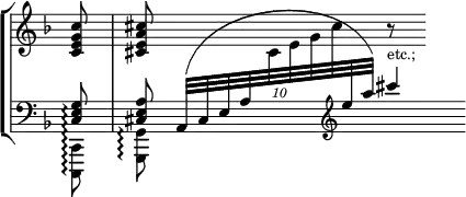 { \override Score.TimeSignature #'stencil = ##f \new StaffGroup \time 3/4 \partial 8 
  << \new Staff = "up" { \key d \minor \relative c'
    { <c e g c>8 | <cis e a cis> \times 8/10 { \change Staff = "down" \stemUp a,32([ cis e a 
    \change Staff = "up" \stemDown cis e g cis
    \change Staff = "down" \stemUp \clef treble e a)] }
    \change Staff = "up" r8_\markup { \smaller etc.; } } }
\new Staff = "down" \with { \consists "Span_arpeggio_engraver" } { \clef bass \set Staff.connectArpeggios = ##t \key d \minor 
 << \relative c { <c e g>8\arpeggio | <cis e a> s4 cis'''4 } \\ \relative c, { <c c,>8\arpeggio | <g' g,>\arpeggio } >>
 } >> }