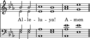 
<< <<
\new Staff { \clef treble \time 4/2 \key es \major \partial 1 \set Staff.midiInstrument = "church organ" \omit Staff.TimeSignature
  \relative c'' { << { bes2 2 | c1 bes | c1 es \bar"||" } \\ { es,2 2 | 1 1 | aes g } >> }
}
\new Lyrics \lyricmode { Al2 -- le -- lu1 -- ya! A -- men }
\new Staff { \clef bass \key es \major \set Staff.midiInstrument = "church organ" \omit Staff.TimeSignature
  \relative c' { << { g2 2 | aes1 g | <aes es'> es' } \\ { es,2 2 | aes,1 es' aes, es' } >> }
}
>> >>
\layout { indent = #0 }
\midi { \tempo 2 = 66 }
