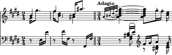 { \override Score.TimeSignature #'break-visibility = #'#(#f #t #f) \time 2/4 \key e \major \partial 4 << { << \relative g' { b4 | fis' cis16 ais'8. } \\ \relative g' { gis16 gis'8. | fis16 <dis b>8. ais4 } >> \bar "||" \time 3/4 \tempo "Adagio" \set tieWaitForNote = ##t \relative a' { \grace { a32[ ~ bis ~ dis ~ fis] ~ } <a, bis dis fis a>4 ~ <a bis dis fis a>8 gis'16-. fis-. <e cis> } }
\new Staff { \clef bass \key e \major \relative e { r8 e16 e' | r8 fis16 fis, r8 fis,16 fis' | r8 << { <bis dis>16-.( e-.) \clef treble fis gis a8 gis16 } \\ { <fis, a>8 \clef treble r8 <bis dis> <cis e>16 } >> } } >> }