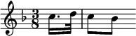 \relative c'' { \key f \major \time 3/8 \partial 8 c16. d32 | c8[ bes]  }