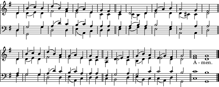 
<< <<
\new Staff { \clef treble \time 3/4 \partial 4 \key g \major \set Staff.midiInstrument = "church organ" \omit Staff.TimeSignature \set Score.tempoHideNote = ##t \override Score.BarNumber  #'transparent = ##t
  \relative c'
  << { d4 | b'( c) b | d( b) a | g( a) e | g fis \bar"||"
  e | d2 d4 | g( a) b | a2 g4 | fis2 \bar"||" \break
  d4 | b'( c) b | d( b) a | g( a) e | g fis \bar"||"
  e | d( e) fis | g( b) a | e( g) fis | g2 \bar"||" \cadenzaOn g1 g \bar"|." } \\
  { d4 | d( e) d | fis2 fis4 | e2 e4 | c c
  c | c( b) d | e2 d4 | d( cis) cis | d2
  d4 | d( e) d | fis2 fis4 | e2 e4 | c c
  a | d2 c4 | b( d) e | e2 d4 | d2 
  e1 d } >>
}
\addlyrics { _ _ _ _ _ _ _ _ _ _ _ _ _ _ _ _
             _ _ _ _ _ _ _ _ _ _ _ _ _ _ _ _
             _ _ _ _ _ _ _ _ _ _ _ _ _ _ A -- men. }
\new Staff { \clef bass \key g \major \set Staff.midiInstrument = "church organ" \omit Staff.TimeSignature
  \relative c
  << { d4 | g2 g4 | a( d) c | b( c) a | a a
  g | a( b) a| b2 g4 | e2 a4 | a2
  a4 | g2 g4 | a( d) c | b( c) a | a a
  fis | g2 a4 | g2 c4 | c2 c4 | b2
  c1 b } \\
  { d,4 | g,2 g'4 | d2 d4 | e( a,) c | d d
  e | fis( g) fis | e2 e4 | a,2 a4 | d2
  fis4 | g2 g4 | d2 d4 | e( a,) c | d d
  c | b2 d4 | e( b) c | c( a) d | g,2
  c1 g } >>
}
>> >>
\layout { indent = #0 }
\midi { \tempo 4 = 112 }
