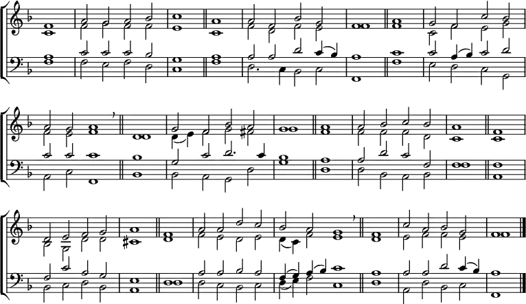 
\new ChoirStaff <<
  \new Staff { \clef treble \time 4/2 \key f \major \partial 1 \set Staff.midiInstrument = "church organ" \omit Staff.TimeSignature \set Score.tempoHideNote = ##t \override Score.BarNumber  #'transparent = ##t
  \relative c'
  << { f1 | a2 g a bes | c1 \bar"||" a | a2 f bes g | f1 \bar"||" 
       a | g2 f c' bes \break a g a1 \breathe \bar"||" 
       \time 2/2 d, | \time 4/2 g2 f bes a | g1 \bar"||"
       a | a2 bes c bes | a1 \bar"||" f \break d2 e f g | a1 \bar"||"
       f | a2 a d c | bes a g1 \breathe \bar"||" 
       \time 2/2 f | \time 4/2 c'2 a bes g | f1 \bar"|." } \\
  { c1 | f2 g f f | e1 c | f2 d f e | f1 f | c2 f e g
    f e f1 | d | d4( e) f2 g fis | g1 f | f2 f f d | c1 c
    bes2 g d' d | cis1 d | f2 e d e | d4( c) f2 e1 | d | e2 f f e | f1 } >>
  } 
\new Staff { \clef bass \key f \major \set Staff.midiInstrument = "church organ" \omit Staff.TimeSignature
  \relative c'
  << { a1 | c2 c c bes | g1 a | a2 a d c4( bes) | a1 c | c2 a4( bes) c2 d 
       c c c1 | bes | g2 c d2. c4 | bes1 a | a2 d c f, | f1 f
       f2 c' a g | e1 d | a'2 a bes a | f4( g) a( bes) c1 | a | a2 a d c4( bes) | a1 } \\
  { f1 | f2 e f d | c1 f | d2. c4 bes2 c | f,1 f' | e2 d c g 
    a c f,1 | bes |bes2 a g d' | g1 d | d2 bes a bes | f'1 a,
    bes2 c d bes | a1 d | d2 c bes c | d4( e) f2 c1 | d | a2 d bes c | f,1 } >>
  } 
>>
\layout { indent = #0 }
\midi { \tempo 2 = 72 }
