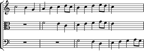 \new ChoirStaff << \override Score.TimeSignature #'stencil = ##f
\new Staff \relative c'' { \key c \major \time 2/2
c2 b4 g | a b c d8 c | b4 c d e8 d | c4 s2. }
\new Staff \relative f' { \clef alto \key c \major
R1 f2 e4 c | d e f g8 f | e4 s2. }
\new Staff \relative g { \clef bass \key c \major
R1*2 g2 f4 d | e f g a8 g } >>