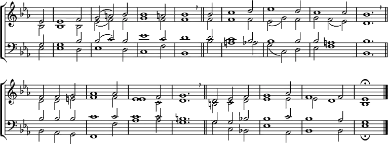 
\new ChoirStaff <<
  \new Staff { \clef treble \time 3/2 \key es \major \partial 2 \set Staff.midiInstrument = "church organ" \omit Staff.TimeSignature \set Score.tempoHideNote = ##t \override Score.BarNumber  #'transparent = ##t 
  \relative c'
  << { es2 | es1 f2 | g( a) bes | bes1 a2 | bes1 \breathe \bar"||"
       bes2 | c1 d2 | es1 d2 | c1 c2 | bes1. \breathe \bar"||" \break
       f2 f g | aes1 2 | es1 f2 | g1. \breathe \bar"||" 
       d2 es f | g1 aes2 | f1 2 | es1 \fermata \bar"|." } \\
  { bes2 | 1 2 | es( f) f | g1 f2 | 1 2 | 1 2 | es( g) f | g f( es) | d1.
    d2 d e | f1 2 | es1 c2 | d1. | b2 c d | es1 2 | 2 d1 | bes } >>
  }
\new Staff { \clef bass \key es \major \set Staff.midiInstrument = "church organ" \omit Staff.TimeSignature
  \relative c'
  << { g2 | 1 bes2 | 2( c) bes | es1 c2 | d1 2 | c1 bes2 | 1 2 | 2 a1 | bes1.
       bes2 2 2 | c1 2 | 1 2 | b1. | g2 g bes! | 1 c2 | bes1 aes2 | g1 } \\
  { es2 | 1 d2 | es1 d2 | c1 f2 | bes,1 bes'2 | a1 aes2 | g( c,) d | es f1 | bes,1.
    bes2 aes g | f1 f'2 | aes1 2 | g1. | g2 c, bes! | es1 aes,2 | bes1 2 | es1 \fermata } >>
  } 
>>
\layout { indent = #0 }
\midi { \tempo 2 = 69 }
