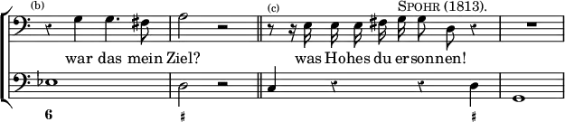 \new ChoirStaff << \override Score.Rest #'style = #'classical \override Score.TimeSignature #'stencil = ##f
\new Staff \relative g { \time 4/4 \clef bass \mark \markup \tiny "(b)" \autoBeamOff
r4 g g4. fis8 | a2 r \bar "||" r8^\markup \tiny "(c)" r16 e e e fis g^\markup \caps "Spohr (1813)." g8 d r4 | R1 }
\addlyrics { war das mein Ziel? was Ho -- hes du er -- son -- nen! }
\new Staff { \clef bass ees1 d2 r c4 r r d g,1 }
\figures { < 6 >1 < _+ > < _ >2. < _+ >4 } >>