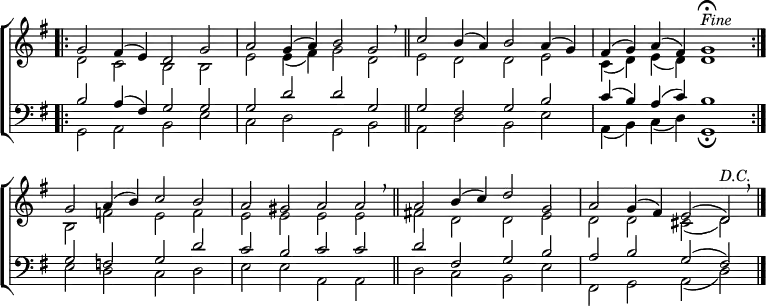 
\new ChoirStaff <<
  \new Staff { \clef treble \time 4/2 \key g \major \set Staff.midiInstrument = "church organ" \omit Staff.TimeSignature \set Score.tempoHideNote = ##t \override Score.BarNumber  #'transparent = ##t
  \relative c''
  << { \bar".|:" g2 fis4( e) d2 g | a g4( a) b2 g  \breathe \bar"||"
       c b4( a) b2 a4( g) | fis( g) a( fis) g1 \fermata ^\markup \italic "Fine" \bar":|." \break
     g2 a4( b) c2 b | a gis a a \breathe \bar"||"
     a b4( c) d2 g, | a g4( fis) e2( d) ^\markup \italic "D.C." \breathe \bar"|." } \\
  { d2 c b b | e e4( fis) g2 d | e d d e | c4( d) e( d) d1
    b2 f' e f | e e e e | fis! d d e | d d cis( d) } >>
  } 
\new Staff { \clef bass \key g \major \set Staff.midiInstrument = "church organ" \omit Staff.TimeSignature
  \relative c'
  << { b2 a4( fis) g2 g | g d' d g, | g fis g b | c4( b) a( c) b1
       g2 f g d' | c b c c | d fis, g b | a b g( fis) } \\
  { g,2 a b e | c d g, b | a d b e | a,4( b) c( d) g,1 \fermata
    e'2 d c d | e e a, a | d c b e | fis, g a( d) } >>
  } 
>>
\layout { indent = #0 }
\midi { \tempo 2 = 66 }
