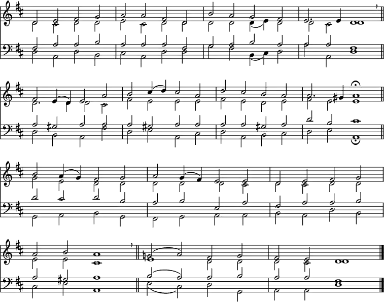 
<< <<
\new Staff { \clef treble \time 4/2 \key d \major \set Staff.midiInstrument = "church organ" \omit Staff.TimeSignature \set Score.tempoHideNote = ##t \override Score.BarNumber  #'transparent = ##t
  \relative c'
  << { d2 e fis g | a a fis d | b' a g fis | e2. 4 d1 \breathe \bar"||" \break
       fis2 e4( d) e2 a | b cis4( d) cis2 a | d cis b a | a2. gis4 a1 \fermata \bar"||" \break
       b2 a4( g) fis2 g | a g4( fis) e2 e | d e fis g \break
       a b a1 \breathe \bar"||" g!2( a) fis g | fis e d1 \bar"|." } \\
  { d2 cis d d | e cis d d | d d d4( e) d2 | d cis d1
    d2. 4 2 cis | fis e e e | fis e d e | fis e e1
    g2 e d d | d d d cis | d cis d d 
    e e cis1 | e d2 d | d cis d1 } >>
}
\new Staff { \clef bass \key d \major \set Staff.midiInstrument = "church organ" \omit Staff.TimeSignature
  \relative c
  << { fis2 a a b | a a a fis | g a b a | a a fis1
       a2 gis a a | a gis a a | a a gis a | d b cis1
       d2 cis d b | a b e, a | fis a a b
       a gis a1 | b2( a) a b | a a fis1 } \\
  { d2 a d b | cis a d d | g fis b,4( cis) d2 | a' a, d1
    d2 b a fis' | d e a, cis | d a b cis | d e a,1 \fermata
    g2 a b g | fis g a a | b a d b
    cis e a,1 | e'2( cis) d g, | a a d1 } >>
}
>> >>
\layout { indent = #0 }
\midi { \tempo 2 = 66 }
