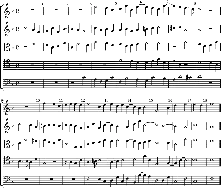 \new ChoirStaff << \override Score.Rest #'style = #'classical \override Score.BarNumber.break-visibility = ##(#f #t #t) \set Score.barNumberVisibility = #all-bar-numbers-visible
  \new Staff \relative f'' { \key f \major \time 4/4 \bar ""
    R1*3 f2 e4 c | d g c, f ~ | f e d g ~ | g f e4. d8 |
    d2 r R1 | g2 f4 d | e f f e | f2 c4 e | f d e c ~ |
    c bes c2 | f,2. bes4 | e2 f | f e | f1 \bar "||" }
  \new Staff \relative c'' { \key f \major
    c2 a4 f | g c f, bes ~ | bes a g2 | c4 a bes g | a bes g a |
    b c d2 | cis4 d a2 | a r | d2 c4 a | b c c b | c c bes g |
    a d g, c ~ | c bes2 a4 | d g c,2 ~ | c bes ~ | bes a c1 a }
  \new Staff \relative f' { \clef alto \key f \major
    r2 f | e4 c d g | c, f2 e4 | a2 g4 e | f d e f | g2 g |
    r a | f4 d e a | d, g2 fis4 | g e d g | c,2 g4 g |
    c d e g | f g2 f4 ~ | f d e f | d2. d4 c2 a' g1 f }
  \new Staff \relative f' { \clef tenor \key f \major
    R1*4 f2 e4 c | d e g d | e r r2 | d2 c4 a | bes4. bes8 a4 d |
    g,2 r | r4 a g c | a4. b8 c2 | a4 bes! c2 | d g4 c, |
    f,2. g4 ~ | g c ~ c2 ~ | c1 | c }
  \new Staff \relative c' { \clef bass \key f \major
    R1*2 r2 c | a4 f g c | f, bes2 a4 | g c2 bes4 | a d2 cis4 | d2 r |
    R1*3 | f,2 e4 c | d g c, f | bes, bes' ~ bes a |
    d,2 d4 g | c,2 f | c1 | f } >>