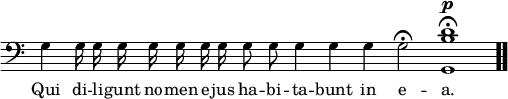 \relative c { << \new Voice = "a" { \override Score.TimeSignature #'stencil = ##f \time 13/4 \clef bass \autoBeamOff g'4 g16 g g g g g g g8 g g4 g g g2\fermata <g, b' d>1^\p\fermata \bar ".." } \new Lyrics \lyricmode { \set associatedVoice = #"a" Qui4 di16 -- li -- gunt no -- men e -- jus ha8 -- bi -- ta4 -- bunt in e2 -- a.1 } >> }