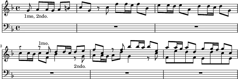 << \override Score.Rest #'style = #'classical \new Staff { \key f \major \time 4/4 \partial 2. \relative g' { s8_"1mo, 2ndo." g a a16 g a8 b | c g r c f f16 e f8 bes, | e8 e16 d e8 a, d d16 c d8 g, | << { r4 r8^"1mo." c d d16 c d8 e | f c r f bes bes16 a bes8 e, | a a16 g a8 d, g g16 f g8 c, } \\ { c8 c16 bes c8 f, bes4 r8_"2ndo." g a a16 g a8 d g,4 r8 c | f, e' d f, e d' c e, } >> } }
\new Staff { \clef bass \key f \major R2. R1*5 } >>