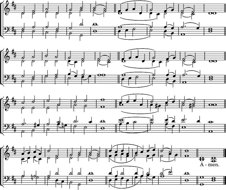 
\new ChoirStaff <<
  \new Staff { \clef treble \time 2/2 \key d \major \set Staff.midiInstrument = "church organ" \omit Staff.TimeSignature \set Score.tempoHideNote = ##t \override Score.BarNumber  #'transparent = ##t 
  \relative c'
  << { d2 fis | a d, | g b | b( a) \bar"||" fis4( g a d, | g2) fis4( g) | fis2( e) | d1 \bar"||" \break
      g2 a | b a | g fis | fis( e) \bar"||" fis4( g a d, | g2) fis4( g) | fis2( e) | d1 \bar"||" \break
      cis'2 d | e a, | d e | fis1 \bar"||" cis4( d e a, | d2) cis4( d) | cis2( b) | a1 \bar"||" \break
      a4( b) cis( a) | d2 fis, | g b | b( a) \bar"||"
      d4( cis d a | b cis) d( e) | d2( cis) | d1 \bar"||" \time 4/2 d,1 d \bar"|."} \\
  { d2 d | e d | d g | g( fis) | d1(  | d4 cis) d2 | d( cis) d1 |
  d2 d | d d | d4( cis) d2 | d( cis) | d1(  | d4 cis) d2 | d( cis) d1 |
  e2 e | e a | a g | fis1 | a1( | a4 gis) a2 | a gis | a1
  cis,4( d) e( cis) | d2 d | d g | g( fis)
  fis4( g a fis | g2) fis4( g) | fis2( a4 g) | fis1 | b,1 a } >>
  } 
\addlyrics {_ _ _ _ _ _ _ _ _ _ _ _ _ _ _ _ 
            _ _ _ _ _ _ _ _ _ _ _ _ _ _ _ _ 
            _ _ _ _ _ _ _ _ _ _ _ _ _ _ _ _ 
            _ _ _ _ _ _ _ _ _ _ _ _ _ _ _ _ 
            _ _ _ _ _ _ _ _ _ _ _ _ _ _ _ A -- men.}
\new Staff { \clef bass \key d \major \set Staff.midiInstrument = "church organ" \omit Staff.TimeSignature
  \relative c
  << { fis2 a | a fis | g d' | d1 | a ~ | a2 a4( g) | a2.( g4) | fis1 |
     g2 fis | g a | b4( g) a2 | a1 | a ~ | a2 a4( g) | a2.( g4) | fis1 |
     a2. gis4 | a2 cis | d2. cis4 | d1 | e ~ | e2 e4( d) | e2. d4 | cis1
     a2 a | a d | d d | d1 |
     d4( a d2 | d4 a) d2 | d( e) | d1 | g, fis } \\
  { d2 d | cis d | b g | d'1 | d4( e fis2 | e) d4( b) | a1 | d |
  b2 d | g fis | e fis4( g) | a1 | d,4( e fis2 | e) d4( b) | a1 | d |
  a2 b | cis a'4( g!) | fis2 e | d1 | a'4( b cis2 | b) a4( fis) | e1 | a, |
  a'2 g! | fis d4( cis) | b2 g | d'1 | d4( e fis d | g a) b( g) | a1 | d, | g, d' } >>
  } 
>>
\layout { indent = #0 }
\midi { \tempo 2 = 100 }
