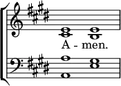 
\new ChoirStaff << 
  \new Staff { \clef treble \time 4/2 \key e \major \set Staff.midiInstrument = "church organ" \omit Staff.TimeSignature \set Score.tempoHideNote = ##t \override Score.BarNumber  #'transparent = ##t
  \relative c' 
  << { e1 e } \\
  { cis b } >> 
  } 
\addlyrics { A -- men. } 
\new Staff { \clef bass \key e \major \set Staff.midiInstrument = "church organ" \omit Staff.TimeSignature
  \relative c'
  << { a gis } \\
  { a, e' } >>
  } 
>>
\layout { indent = #0 }
\midi { \tempo 4 = 92 }
