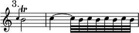 { \mark "3." \override Score.TimeSignature #'stencil = ##f \time 2/4 \relative b' {
\grace c4 b2\trill | c4 ~ c32 b c b c b c b } }