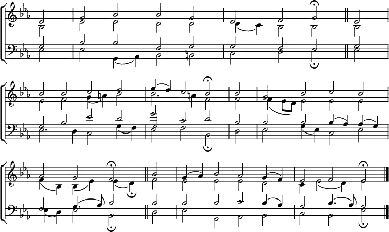 
\new ChoirStaff <<
  \new Staff { \clef treble \time 4/2 \key es \major \partial 2 \set Staff.midiInstrument = "church organ" \omit Staff.TimeSignature \set Score.tempoHideNote = ##t \override Score.BarNumber  #'transparent = ##t 
  \relative c'
  << { es2 | g bes bes g | es f g \fermata \bar"||" es | \break
     bes' bes c d | es4( d) c2 bes \fermata \bar"||" bes | g bes c bes \break
     aes g f \fermata \bar"||" bes | g4( aes) bes2 aes g4( f) | es2 f es \fermata \bar"|."} \\
  { bes2 | es es d d | d4( c) bes2 bes bes |
  es f g4( a) bes2 | bes2. a4 f2 f | f4( es8 d) es2 es es |
  f4( bes,) bes( es) es( d) \fermata f2 | es es es d | c4 es2( d4) es2 } >>
  }
\new Staff { \clef bass \key es \major \set Staff.midiInstrument = "church organ" \omit Staff.TimeSignature
  \relative c'
  << { g2 | bes bes f g | g f es g |
     g bes es d | g c, d bes | bes bes bes4( aes) aes( g) |
     f2 g4.( aes8) bes2 bes | bes bes c bes4( aes) | g2 bes4.( aes8) g2 } \\
  
  { es2 | es g,4( aes) bes2 b | c d es \fermata es |
  es2. d4 c2 g'4( f) | es2 f bes, \fermata d | es g4( es) c2 es |
  es4( d) es2 bes \fermata d | es g, aes bes | c bes es \fermata } \\
  {s2 s1 s1 s1 s1 s1 s1 \tiny g2 } >>
  } 
>>
\layout { indent = #0 }
\midi { \tempo 2 = 46 }
