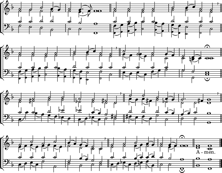 
\new ChoirStaff <<
  \new Staff { \clef treble \time 4/2 \key f \major \set Staff.midiInstrument = "church organ" \omit Staff.TimeSignature \set Score.tempoHideNote = ##t \override Score.BarNumber  #'transparent = ##t 
  \relative c''
  << { a2 g bes a4( g) | a2 g4.( f8) f1 |\bar"||" a2 a g a | bes bes4( c) a2 g \breathe \bar"||" \break
       a a g a | bes bes4( c) a2 g \breathe \bar"||" c g a g4( f) | e2 d4( c) c1 \fermata \bar"||" \break
       g'2 a bes bes | a g fis d \breathe \bar"||" d' d bes a4( g) | g2. fis4 g1 \breathe \bar"||" \break
       g2 c a c | bes4( a) g( f) e2 c \breathe \bar"||" g' a bes a4( g) | a2 g4( f) f1 \fermata \bar"||"
       f f \bar"|." } \\
  { f2 g f f | f e4.( f8) f1 | f2 f e f | g g f e |
    f f e f | g g f e | g4( f) g( e) f2 c | c b4( c) c1 |
    e2 fis g g | es es d d | a'4( g) a( fis) g2 es | d d d1 |
    e4( f) g( e) f( g) f( e) | f2 d c c | e f f4( g) f2 | f e4( f) f1
    d c } >>
  } 
\addlyrics { _ _ _ _ _ _ _ _ _ _ _ _ _ _ _ _
             _ _ _ _ _ _ _ _ _ _ _ _ _ _ _ _
             _ _ _ _ _ _ _ _ _ _ _ _ _ _ _ _
             _ _ _ _ _ _ _ _ _ _ _ _ _ _ _ _
             _ _ _ _ _ _ _ _ _ _ _ _ _ _ _ _ _ A -- men.}
\new Staff { \clef bass \key f \major \set Staff.midiInstrument = "church organ" \omit Staff.TimeSignature \override Staff.NoteHead.style = #'altdefault
  \relative c'
  << { c2 c d d | c bes a1 | c2 c c c | d c c c |
       c c c c | d c c c | c c c c | g f e1 |
       c'2 c d es | es c4( bes) a2 fis | d' d d c4( bes) | a( bes) c2 bes1 |
       c2 c c c | f, bes4( a) g2 e | c' c bes4( c) c( d) | c2 bes a1 |
       bes a } \\
  { f2 e d bes | c c f,1 | f'4( g) a(bes) c2 bes4( a) | g( f) e2 f c |
    f4( g) a( bes) c2 bes4( a) | g( f) e2 f c | e4( d) e( c) f( g) a2 | g g, c1 \fermata
    c4( c') bes( a) g( f) es( d) | c( d) es( c) d2 d | fis4( e) fis( d) g2 c, | d d g,1 |
    c4( d) e( c) f2 a, | d bes c c | c4( d) es( c) d( e) f( bes,) | c2 c f,1 \fermata
    bes f } \\
       \tiny \shiftOff \stemDown { s1 s | s s | f4_( g) a_( bes) c2 bes4_( a) | g_( f) e2 f s |
       f4 g a bes c2 bes4 a | g f e2 f s } >>
  } 
>>
\layout { indent = #0 }
\midi { \tempo 2 = 46 }

