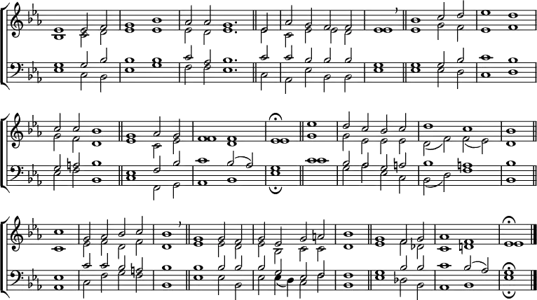 
\new ChoirStaff <<
  \new Staff { \clef treble \time 4/2 \key es \major \set Staff.midiInstrument = "church organ" \omit Staff.TimeSignature \set Score.tempoHideNote = ##t \override Score.BarNumber  #'transparent = ##t
  \relative c'
  << { es1 es2 f | g1 bes | \time 6/2 aes2 2 g1. \bar"||"
       es2 | \time 4/2 aes g f f | \time 2/2 es1 \breathe \bar"||"
       \time 4/2 bes' c2 d | es1 d \break c2 c bes1 \bar"||"
       g aes2 g | f1 f | es \fermata \bar"||"
       es' | d2 c bes c | d1 c | bes \bar"||" \break
       c | g2 aes bes c | \time 2/2 bes1 \breathe \bar"||"
       \time 4/2 g g2 f | g es g a | \time 2/2 bes1 \bar"||"
       \time 4/2 g f2 g | aes1 f | es \fermata \bar"|." } \\
  { bes1 c2 d | es1 1 | 2 d es1. 2 |c es es d | es1 | 1 g2 f | es1 f
    g2 f d1 | es c2 es | f1 d | es g | g2 es es es | d( f) f( es) | d1
    c | es2 f d f | d1 | es es2 d | es bes c c | d1 | es f2 des | c1 d! | es } >>
  } 
\new Staff { \clef bass \key es \major \set Staff.midiInstrument = "church organ" \omit Staff.TimeSignature
  \relative c'
  << { g1 2 bes | bes1 1 | c2 aes bes1. c2 | c bes bes bes | g1 | 1 2 bes | c1 bes
       g2 a bes1 | es, f2 bes | c1 bes2( aes) | g1 c | bes2 aes g a | bes1 a | bes
       es, | c'2 2 bes a | bes1 | 1 2 2 | 2 g es f | f1 | g bes2 2 | c1 bes2( aes) | g1 \fermata } \\
  { es1 c2 bes | es1 g | f2 f es1. c2 | aes es' bes bes | es1 | es es2 d | c1 d
    es2 f bes,1 | c f,2 g | aes1 bes | es \fermata
    c' | g2 aes es c | bes( d) f1 | bes,
    aes | c2 f g f | bes,1 | es es2 bes | es es4( d) c2 f | bes,1 
    es des2 bes | aes1 bes | es \fermata } >>
  } 
>>
\layout { indent = #0 }
\midi { \tempo 2 = 76 }

