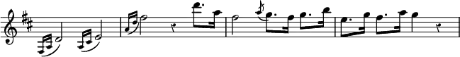 { \relative f { \override Score.TimeSignature #'stencil = ##f \key d \major \override Score.Rest #'style = #'classical
  \appoggiatura { fis16 a } d2 \appoggiatura { a16 cis } e2 |
  \appoggiatura { a16 d } fis2 r4 d'8. a16 |
  fis2 \acciaccatura a8 g8. fis16 g8. b16 |
  e,8. g16 fis8. a16 g4 r | } }