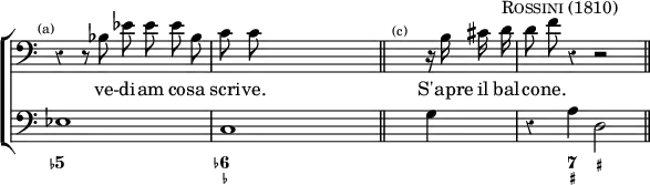 \new ChoirStaff << \override Score.Rest #'style = #'classical \override Score.TimeSignature #'stencil = ##f
\new Staff \relative b { \time 4/4 \clef bass \mark \markup \tiny "(a)" \autoBeamOff
r4 r8 bes ees ees ees bes | c c s8*6/1 \bar "||" s^\markup \tiny "(c)" r16 b cis d^\markup \caps "Rossini (1810)" | d8 f r4 r2 \bar "||" }
\addlyrics { ve -- di -- am co -- sa scri -- ve. S'apre il bal -- co -- ne. }
\new Staff { \clef bass ees1 c s8*6/1 g4 | r a d2 }
\figures { < 5- >1 | < 6- _- > | < _ > < _ >4 < 7 _+ > < _+ > } >>