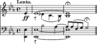 { << \new Staff \relative e' { \key ees \major \time 4/4 \partial 4 \tempo "Lento." \override Score.Rest #'style = #'classical
 ees4\ff << { ees1 ^~ | ees\fermata } \\
            { r4 des( c4. bes8) | bes1 \bar "||" } >> }
\new Staff << \clef bass \key ees \major
 \new Voice { s4 r bes2 aes4 ^~ | \stemUp aes8 aes^( f g g2)\fermata }
 \new Voice { \stemDown <ees ees,>4 | q1 _~ q } >> >> }