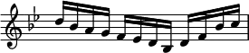 { \override Score.TimeSignature #'stencil = ##f \time 3/4 \key g \minor \relative d'' { d16 bes a g f ees d bes d f bes c | } }