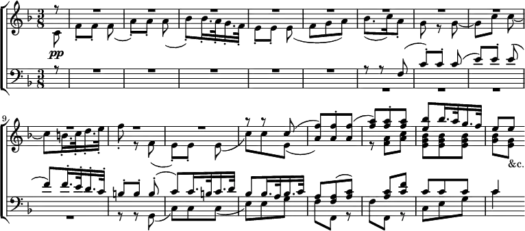 \new ChoirStaff <<
   \new Staff \relative c'' { \key f \major \time 3/8 \partial 8
     << { r8 R4.*11 r8 r c( <f a,>) q-. q( | <a f>) q-. q( |
          <bes e,> bes16. a32 g16. f32 | e8[ e] } \\
        { c,8\(\pp | f)-.[ f-.] f( | a)-.[ a-.] a( |
          bes)-. bes16.-. a32-. g16.-. f32-. | e8-.[ e-.] e_( |
          f g a) | bes8._( c16) a8-. | g r g _~ | g[ c] c _~ |
          c b16.-. c32-. d16.-. e32-. | f8-. r f,_( | e-.[) e-.] e_( |
          c') c e,( s4.) | r8 <f a> <a c> | <bes g e> q q |
          <bes g>[ <g e>]_"&c." } >> }
  \new Staff \relative f { \clef bass \key f \major
    << { r8 R4.*5 r8 r f^( c')-.[ c-.] c^( | e)[ e-.] e^( |
         f) f16.-. e32-. d16.-. c32-. | b8-.[ b-.] b-.^( |
         c) c16. b32 c16. d32 | bes8 bes16. a32 bes16. c32 |
         a8 <a f>( <c a>) | s q <c f> | c c c | c4 } \\
       { s8 s4.*5 R4.*4 r8 r g,_( | c) c c_( | e) e g |
         f f, r | f' f, r | c' e g | c4 } >> } >>