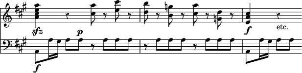 { << \new Staff \relative a' { \override Score.TimeSignature #'stencil = ##f \key a \major \override Score.Rest #'style = #'classical
  <a cis e a>4\sfz r <cis a'>8 r <e cis'> r |
  <d b'> r <b g'> r <cis a'> r <d g,> r | <cis a e>4\f r_"etc." }
\new Staff \relative a, { \clef bass \key a \major
  a8\f a'16 gis a8 a^\p r a a a |
  r a a a r a a a | a, a'16 gis a8 a } >> }