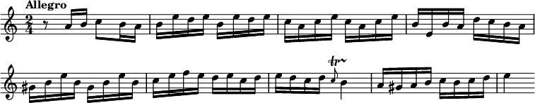 { \relative a' { \time 2/4 \tempo "Allegro" \override Score.BarNumber #'break-visibility = #'#(#f #f #f)
r8 a16 b c8 b16 a | b e d e b e d e | c a c e c a c e | %end line 1
b e, b' a d c b a | gis b e b gis b e b | c e f e d e c d | %eol2
e d c d \grace c8\startTrillSpan b4\stopTrillSpan |
a16 gis a b c b c d | e4 } }