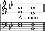 
<< <<
\new Staff { \clef treble \time 4/2 \key bes \major \set Staff.midiInstrument = "church organ" \omit Staff.TimeSignature
  \relative c'' { << { bes1 bes \bar"||" } \\ { es, d } >> }
}
\new Lyrics \lyricmode { A -- men }
\new Staff { \clef bass \key bes \major \set Staff.midiInstrument = "church organ" \omit Staff.TimeSignature
  \relative c' { << { g1 f } \\ { es1 bes } >> }
}
>> >>
\layout { indent = #0 }
\midi { \tempo 4 = 120 }
