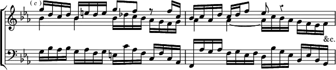 \new ChoirStaff << \override Score.Rest #'style = #'classical \override Score.TimeSignature #'stencil = ##f \override Score.BarNumber #'break-visibility = #'#(#f #f #f)
\new Staff \relative g'' { \key ees \major \time 4/4 \mark \markup \tiny { (\italic"c") } <<
{ g16 d c d bes e d e g8 f r |
f16 c bes c aes d c d f8 ees r4 } \\
{ bes4 bes bes16 des c bes aes g f g |
aes4 aes _~ aes16 c bes aes g f ees f_"&c." } >> }
\new Staff \relative g { \clef bass \key ees \major
g16 bes aes bes g aes f g e c' aes f c f c aes |
f aes' g aes f g ees f d bes' g ees bes ees bes g } >>