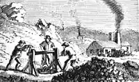 Black-and-white drawing of men working in a mine