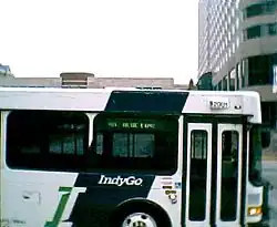 A sideview of an IndyGo bus