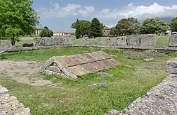 Heroon, Greek memorial tomb, found 1952 in the middle of the settlement