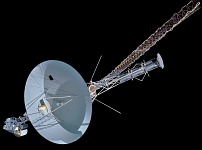 Antenna on white disc with an aluminum arm on the left that supports multiple instruments and a long magnetometer boom on the right.