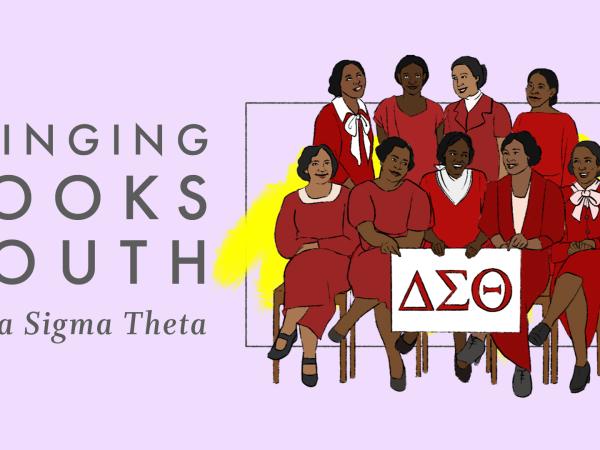 Graphic featuring video title "Bringing Books: South Delta Sigma Theta" and an illustration of nine college-aged Black women in suits holding a sign for their sorority.
