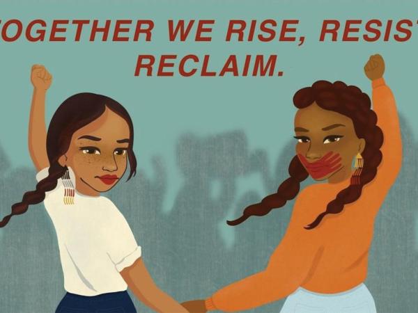 Illustration of two women, holding each other's hand and holding their other fist in the air. One woman has light brown skin and the other has dark brown skin.