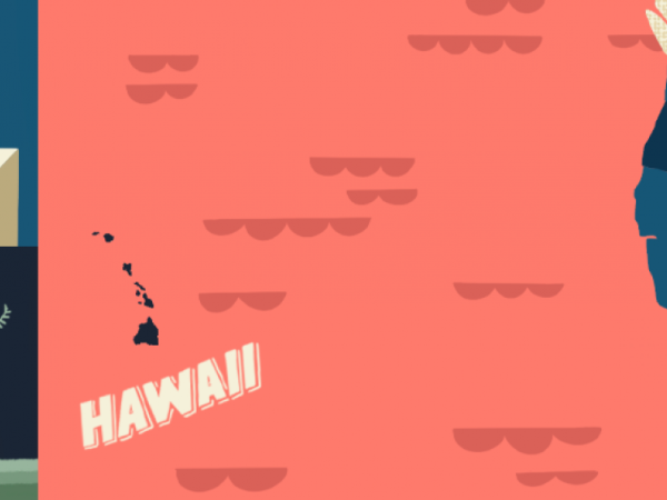 Three images: a Native Hawaiian hand placing a vote in a ballot box, a palm tree blowing in the wind, and a map locating Hawai'i in proximity to the U.S. west coast with the text: Hawai'i