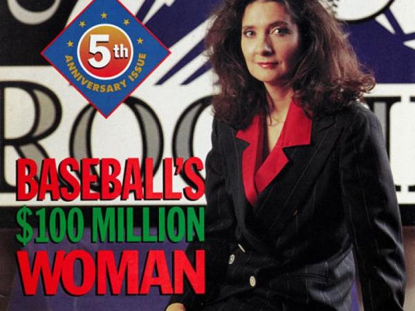 Magazine cover with photo of Linda Alvarado in a suit seated behind a Colorado Rockies logo. Headline: Baseball's $100 Million Woman