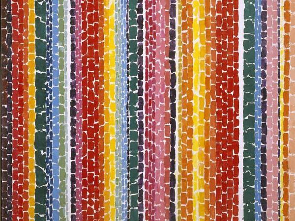 A vibrant palette and daub-like forms commingle in a vertical stripe pattern to conjure fleeting elements of the landscape. 