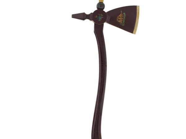 Wooden hatchet featuring art of the turtle, bluebird, rooster, and swallow.