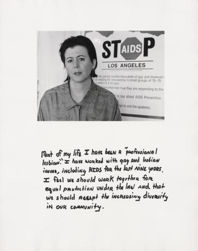 A photograph of a short haired woman with the words "Stop AIDS Los Angeles" behind her and handwritten text below her