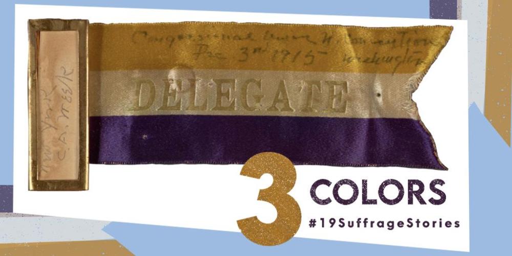 Gold, white, and purple striped ribbon that says "delegate" across the middle white stripe in gold. Text on image: 3 colors