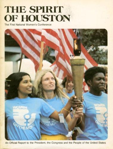 Cover page of “The Spirit of Houston” report with the title at the top left. A photo of three women carrying a torch is centered on the page. 