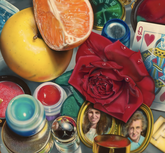 An acrylic painting on canvas featuring a still life with an arrangement of objects including a queen chess piece, queen playing card, and a red rose. 