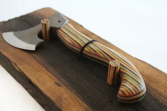 An ax with a wooden handle. The handle appears to be composed of strips of differently-colored wood