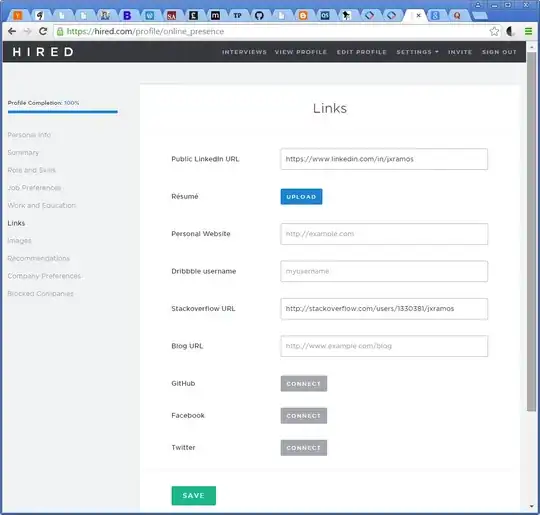 Screenshot of the hired.com "online presence" form, which includes a "Stackoverflow [sic] URL" field.