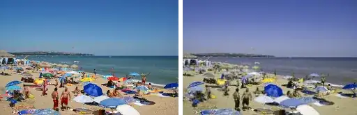 A beach scene in natural colors and simulated red-green color blindness